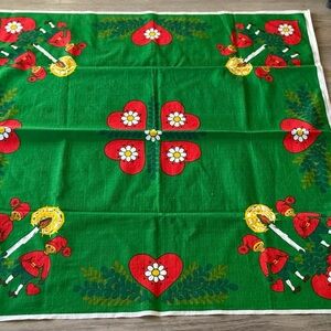 Vintage New Swedish Christmas Tablecloth Vibrant Hearts Elf’s Candles 35 x 33